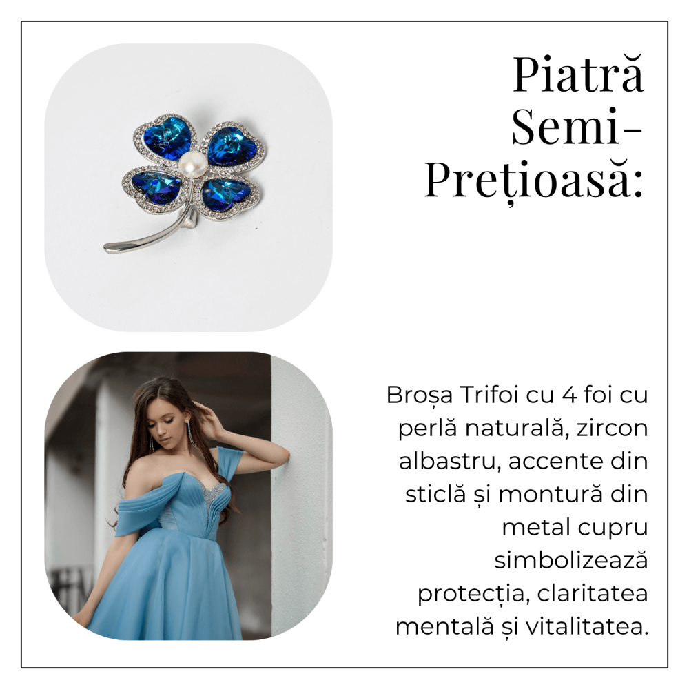 Brosa Trifoi cu 4 Foi cu Perla Naturala si Zircon Albastru - Simbol al Norocului [4]