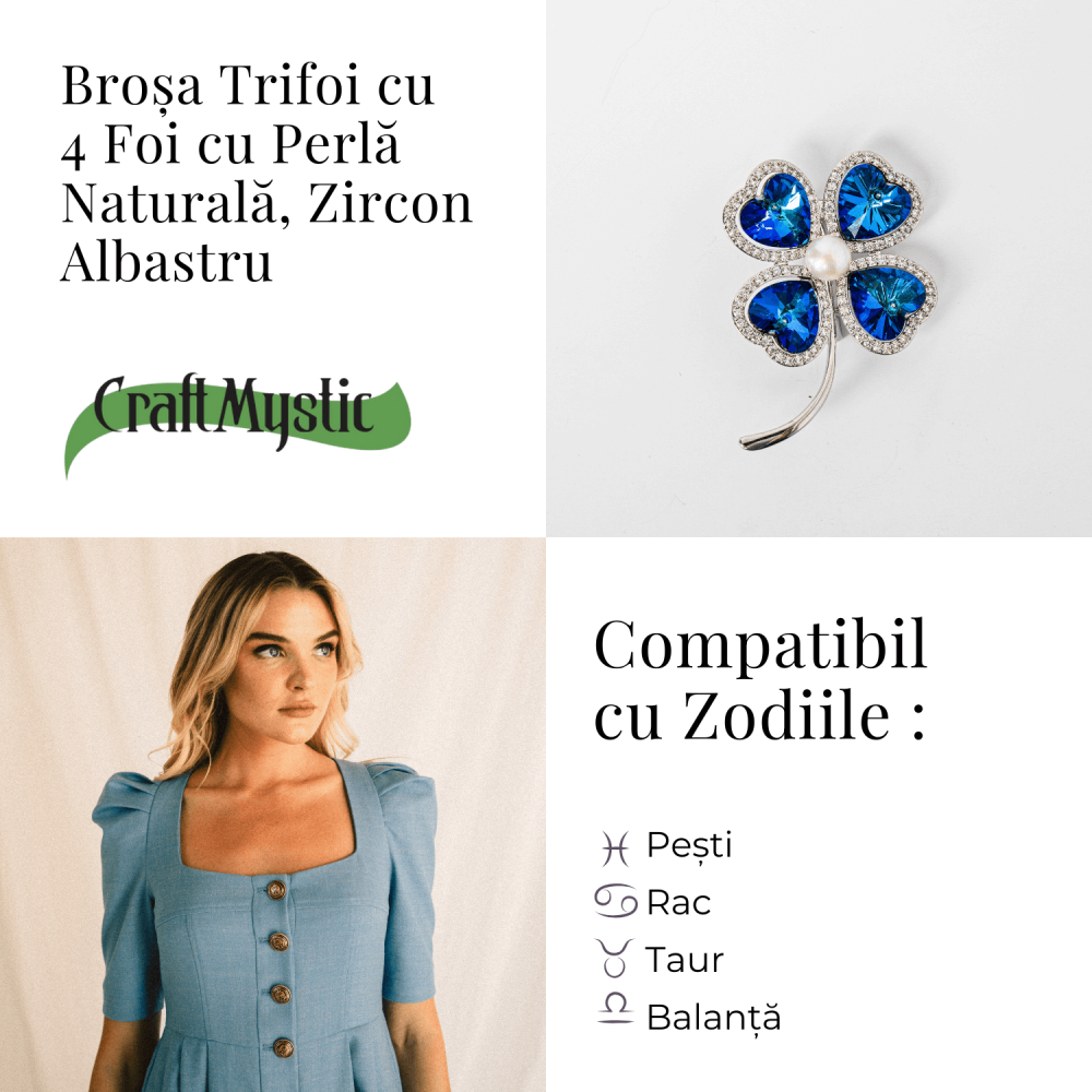 Brosa Trifoi cu 4 Foi cu Perla Naturala si Zircon Albastru - Simbol al Norocului [5]