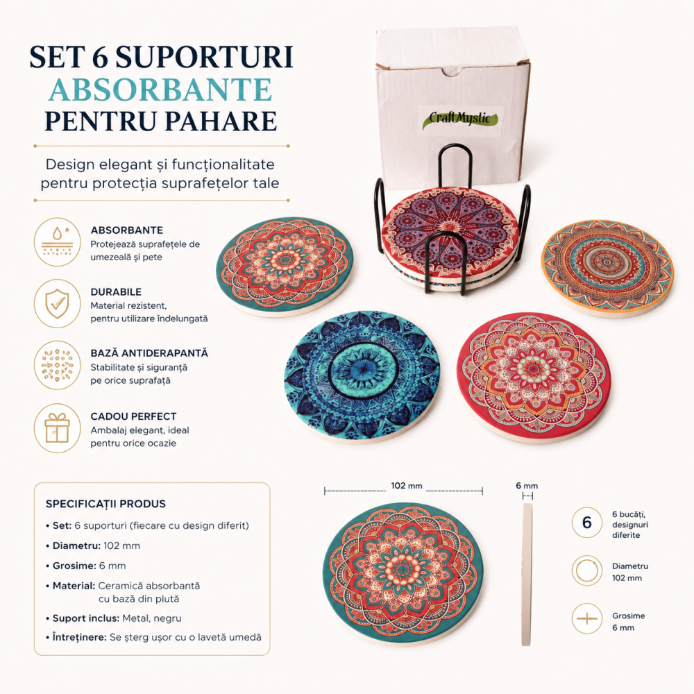 Set 6 Suporturi Absorbante pentru Pahare cu Mandale Colorate – Protectie si Eleganta pentru Masa Ta [3]