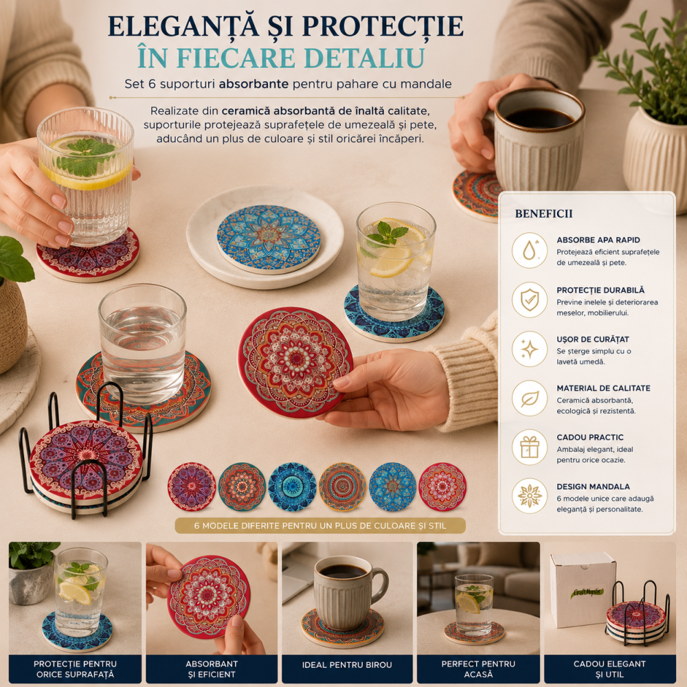 Set 6 Suporturi Absorbante pentru Pahare cu Mandale Colorate – Protectie si Eleganta pentru Masa Ta [4]