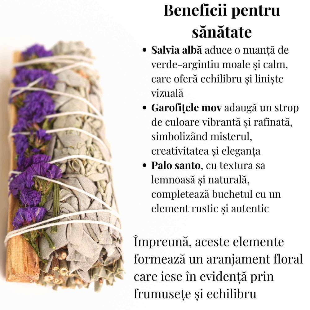 Buchet Salvie Alba California, Palo Santo si Garofite Mov/ Sinuata – Energie Pozitiva si Eleganta [3]