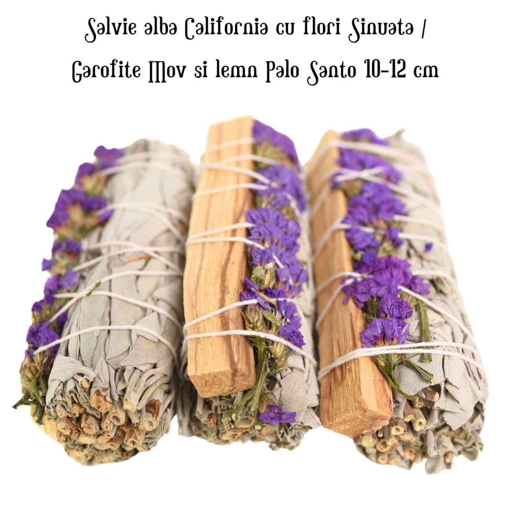 Buchet Salvie Alba California, Palo Santo si Garofite Mov/ Sinuata – Energie Pozitiva si Eleganta [4]