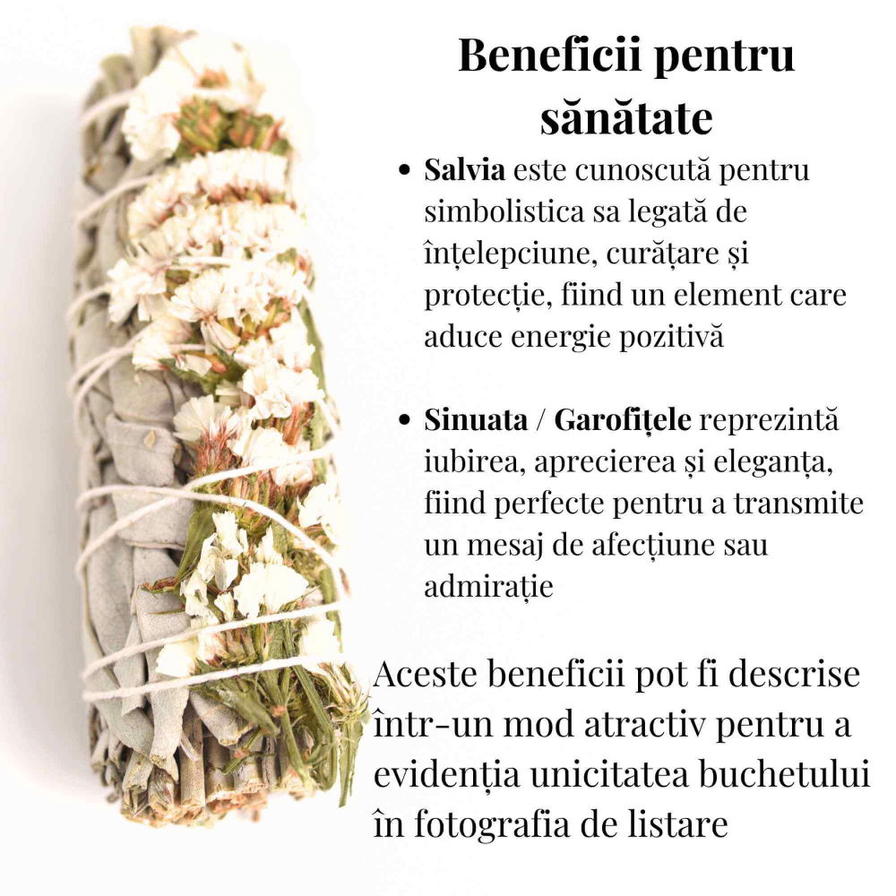 Buchet Salvie Alba California cu Flori Albe de Garofite / Sinuata– Purificare si Armonie [3]