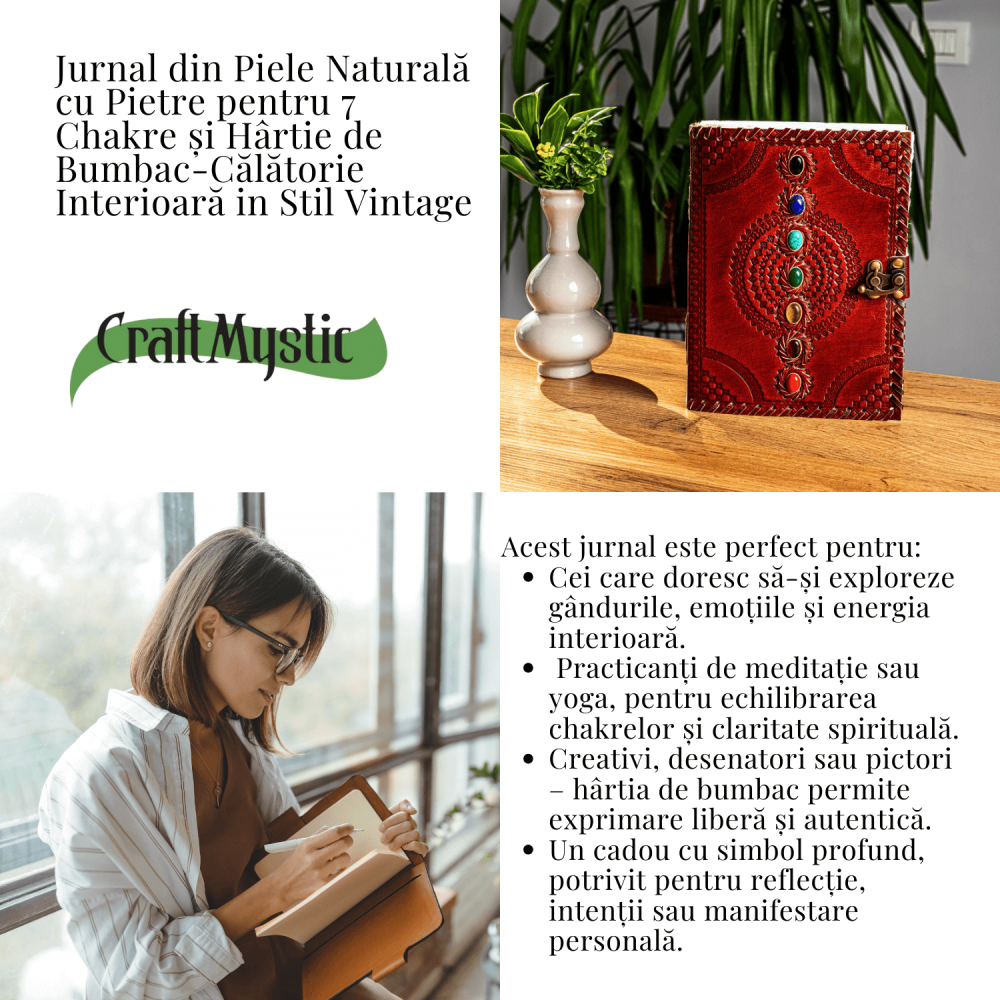Calatorie interioara in stil vintage – Jurnal din piele naturala cu pietre pentru 7 chakre si hartie de bumbac alba [3]