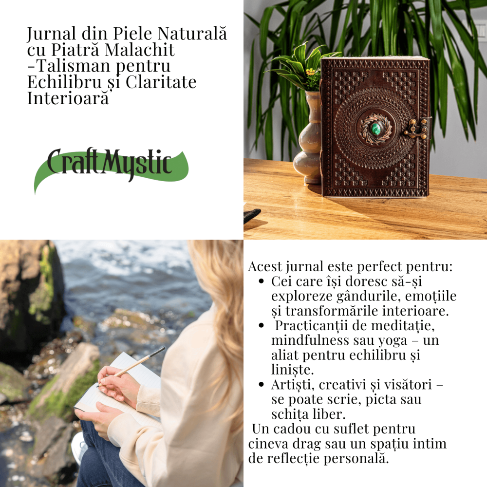 Jurnal din piele naturala cu piatra Malachit – Talisman pentru echilibru si claritate interioara [2]