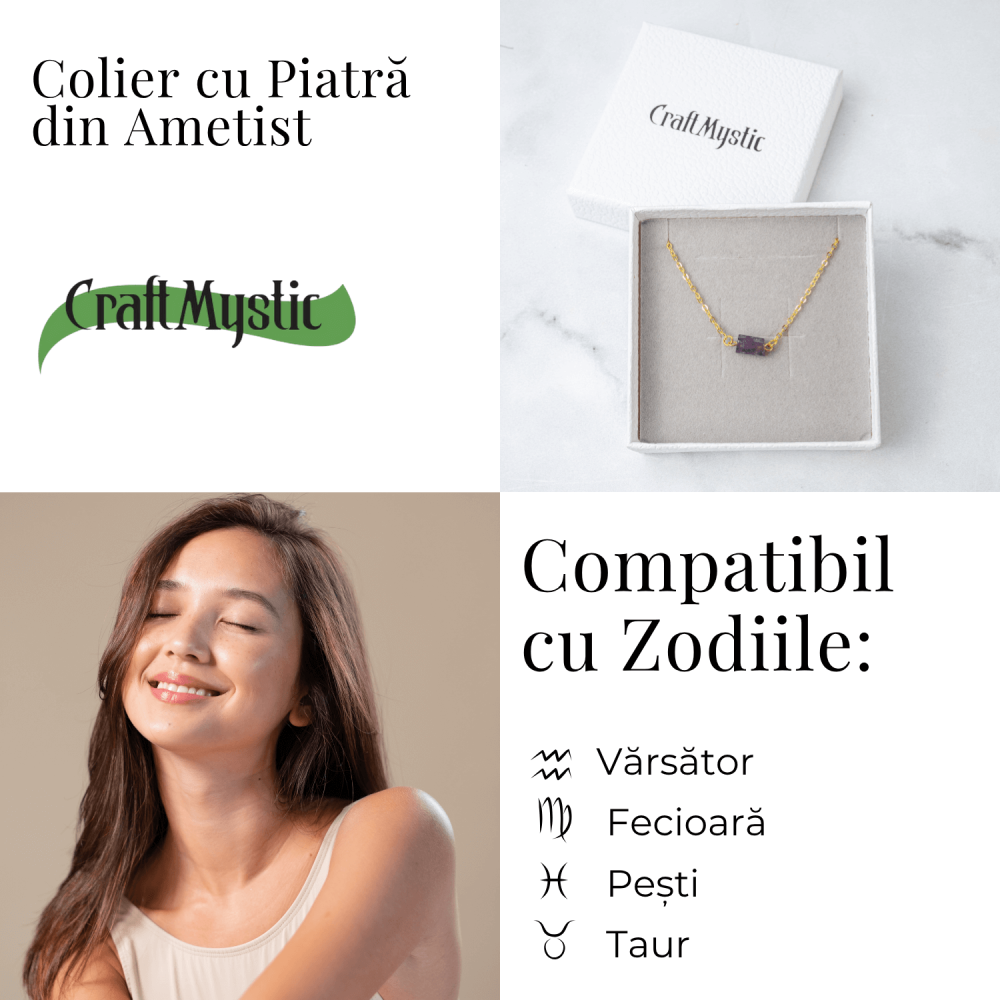 Colier otel inoxidabil auriu cu ametist natural brut – Claritate si echilibru interior [5]