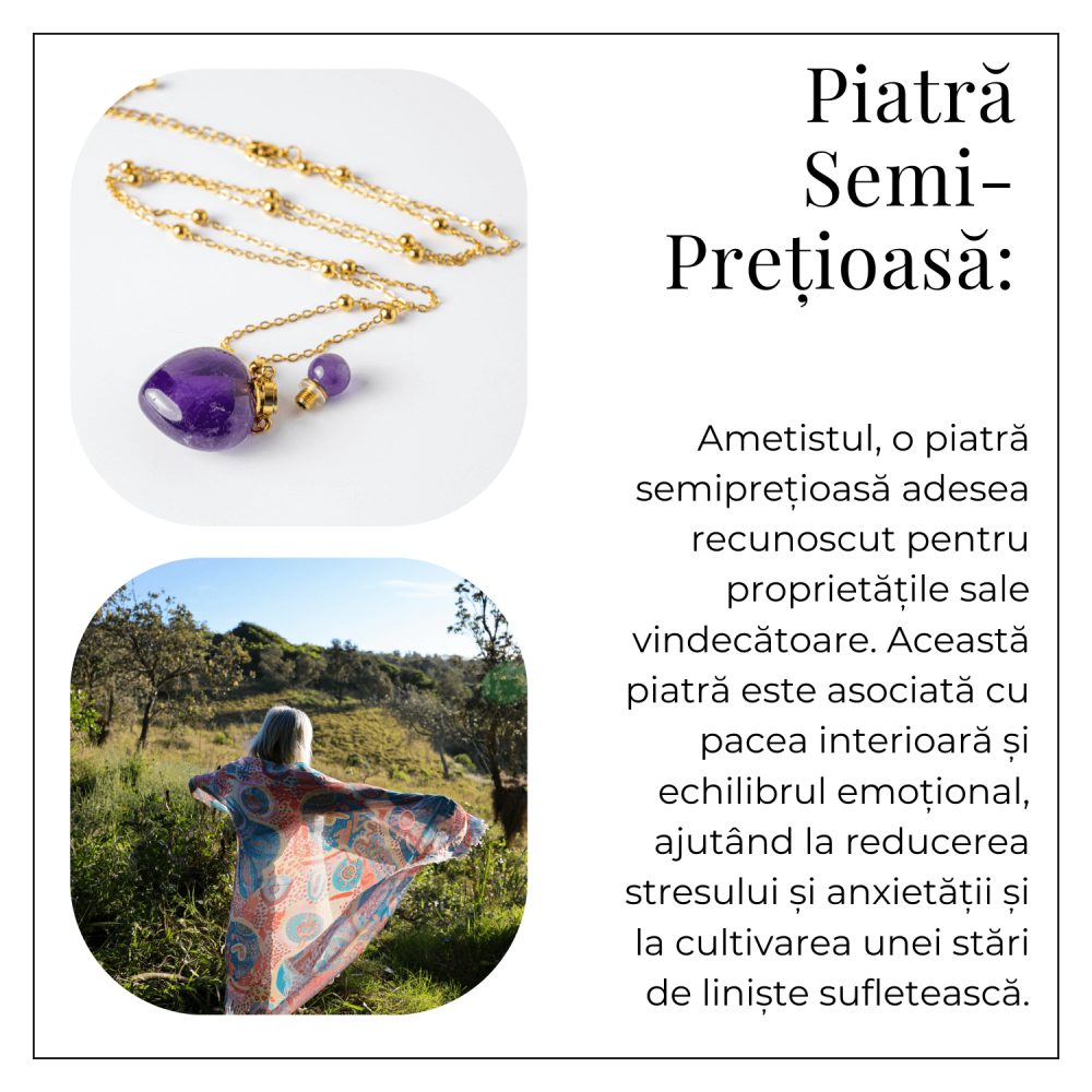 Claritate si Protectie – Colier Inima Sticluta cu Ametist Natural, Lant din cupru Placat Auriu [6]