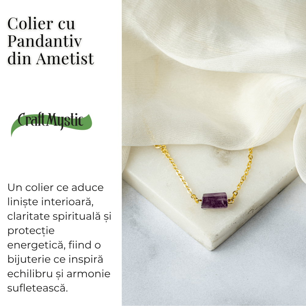 Colier otel inoxidabil auriu cu ametist natural brut – Claritate si echilibru interior [3]