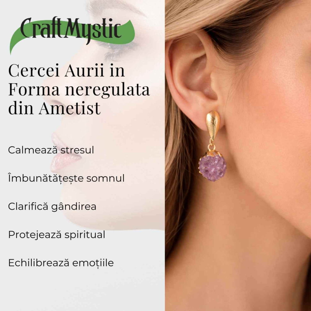 Cercei Aurii cu Ametist Natural Brut – Eleganta si Energie Feminina [3]