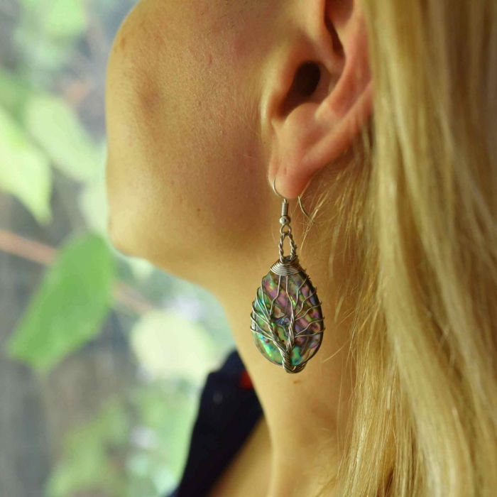 Cercei din scoici Abalone cu invelis din sarma placata in culoarea argintului sub forma de Arborele vietii [2]