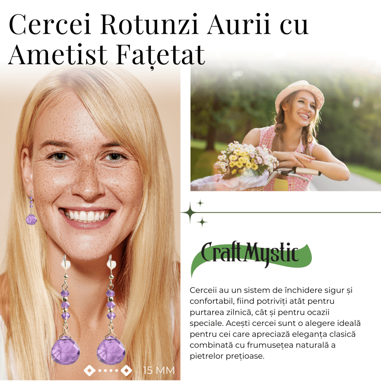 Cercei Rotunzi cu Piatra Ametist Fatetat Aurii - Claritate si Eleganta [6]