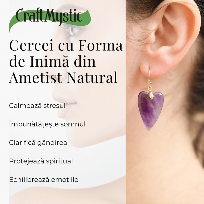 Cercei Aurii in Forma de Inima cu Cristal de Ametist [3]