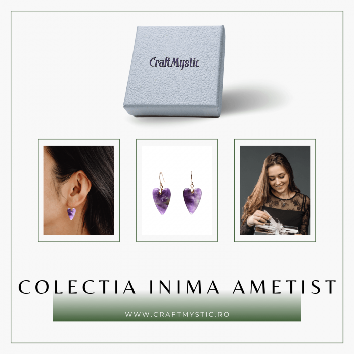 Cercei Aurii in Forma de Inima cu Cristal de Ametist [8]