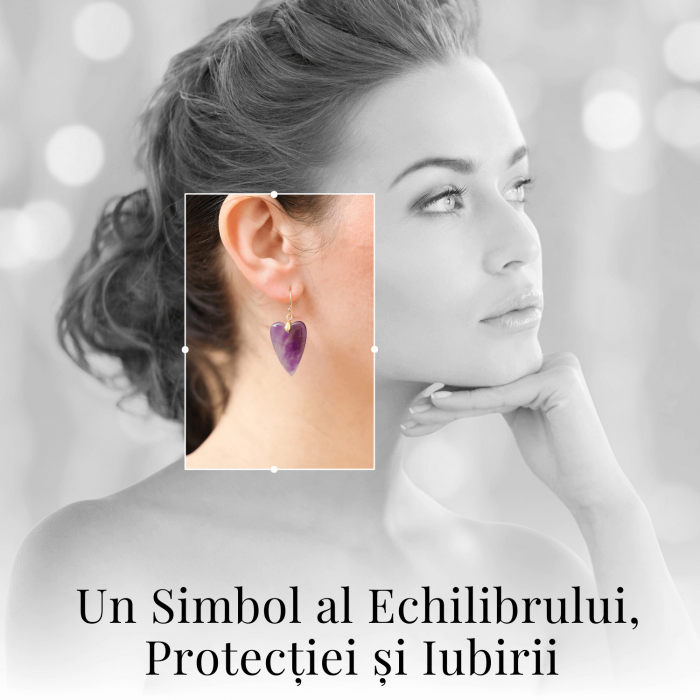 Cercei Aurii in Forma de Inima cu Cristal de Ametist [6]