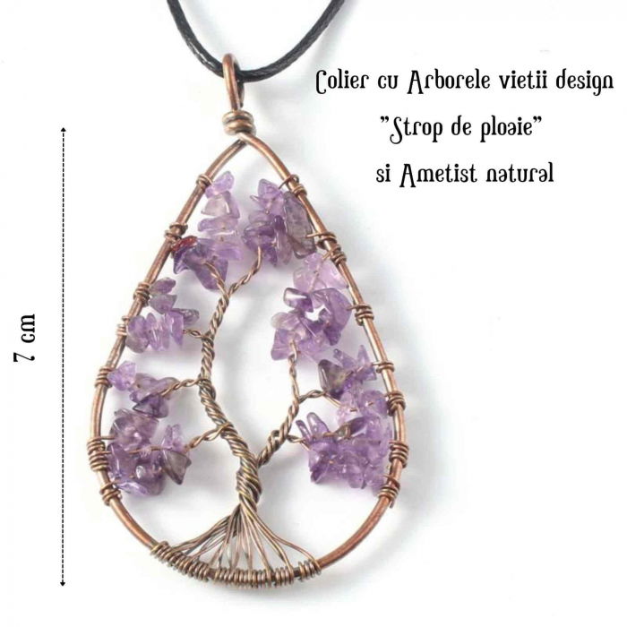 Colier Boho cu Pandantiv in Forma de Lacrima si Arbore al Vietii din Margele de Ametist Natural in Tonuri de Cupru [2]