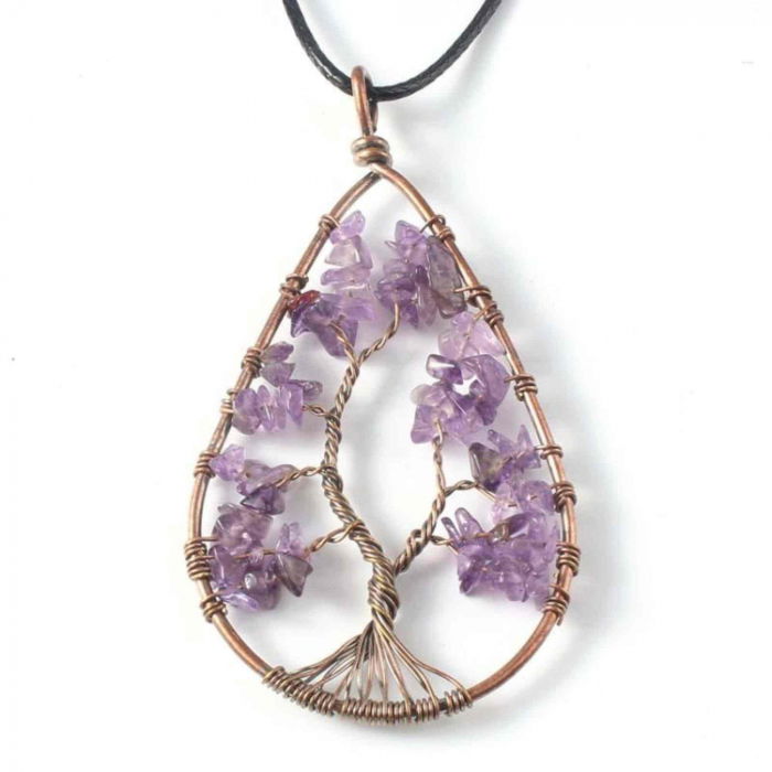 Colier Boho cu Pandantiv in Forma de Lacrima si Arbore al Vietii din Margele de Ametist Natural in Tonuri de Cupru [1]