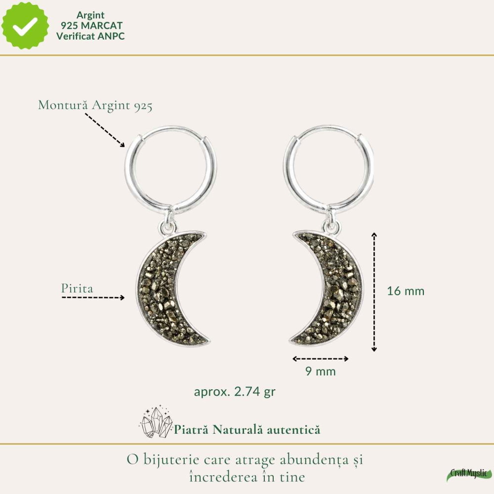 Cercei argint 925 semiluna cu Pirita – protectie si energie feminina puternica [4]