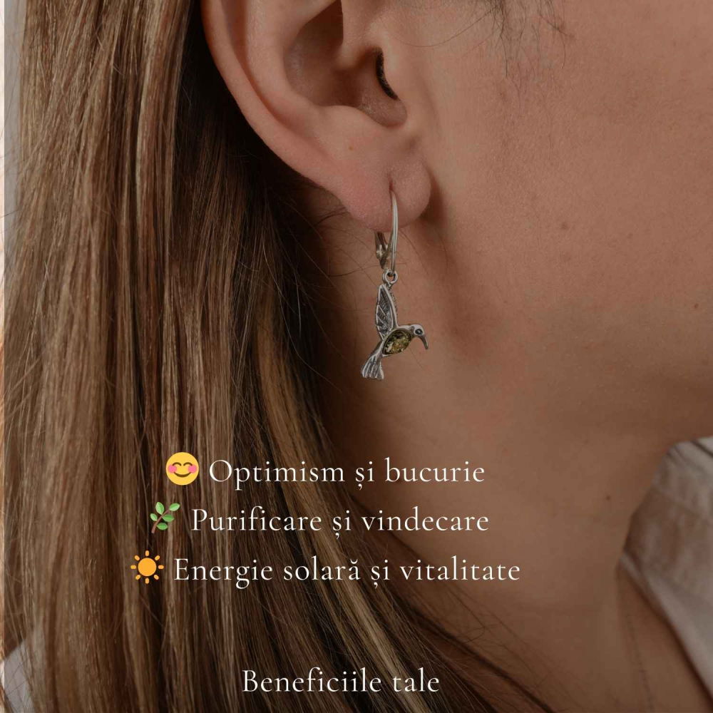 Cercei Argint 925 Colibri cu Chihlimbar Verde – Energie, Bucurie si Libertate [3]