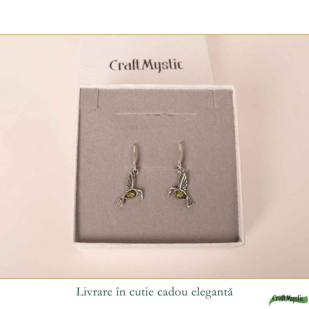 Cercei Argint 925 Colibri cu Chihlimbar Verde – Energie, Bucurie si Libertate [6]