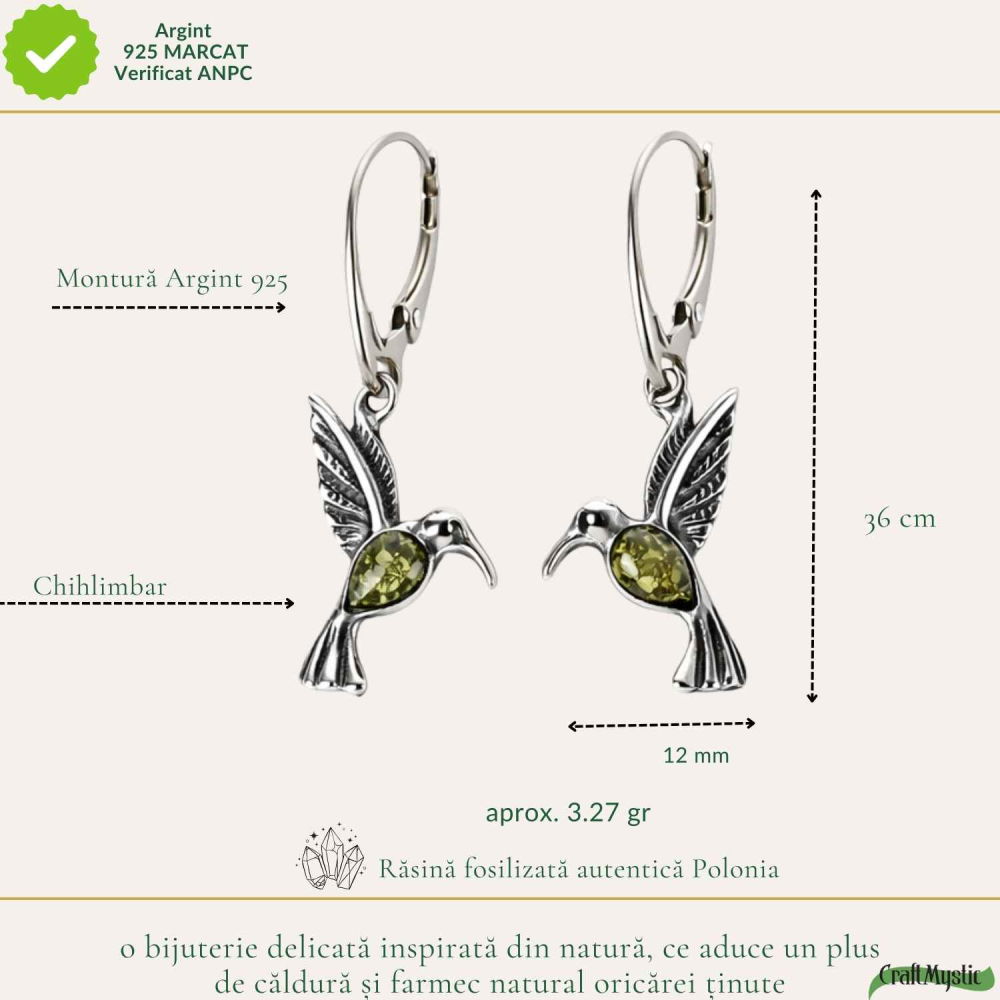 Cercei Argint 925 Colibri cu Chihlimbar Verde – Energie, Bucurie si Libertate [4]