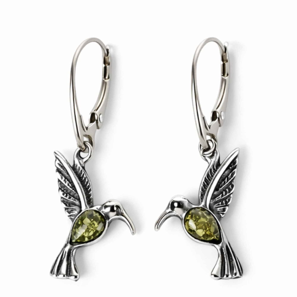 Cercei Argint 925 Colibri cu Chihlimbar Verde – Energie, Bucurie si Libertate [1]