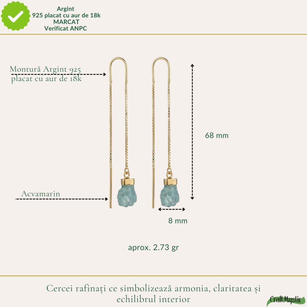 Cercei Argint 925 Placat cu Aur 18K cu Acvamarin Brut si Lant – Calm si Eleganta Naturala [6]