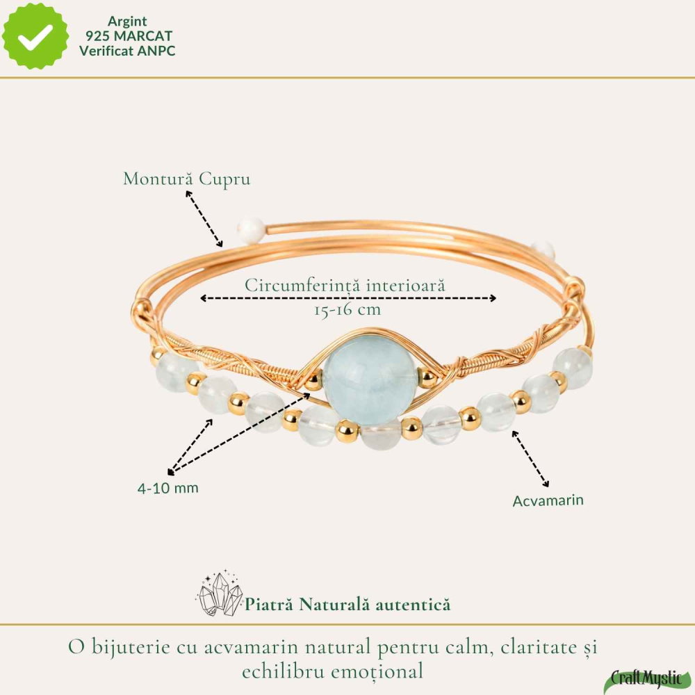Bratara din Cupru cu Acvamarin Natural – Calm, Claritate si Feminitate [4]
