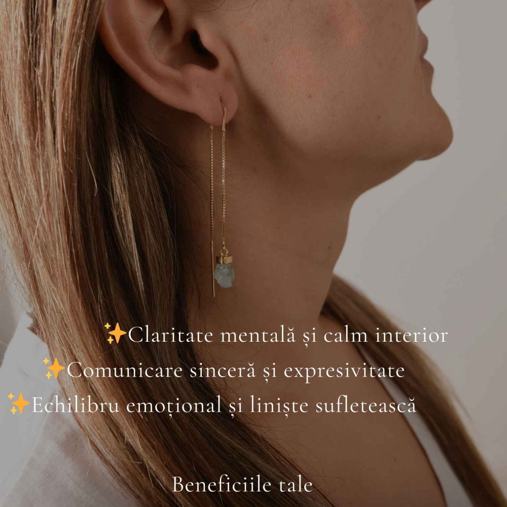 Cercei Argint 925 Placat cu Aur 18K cu Acvamarin Brut si Lant – Calm si Eleganta Naturala [3]
