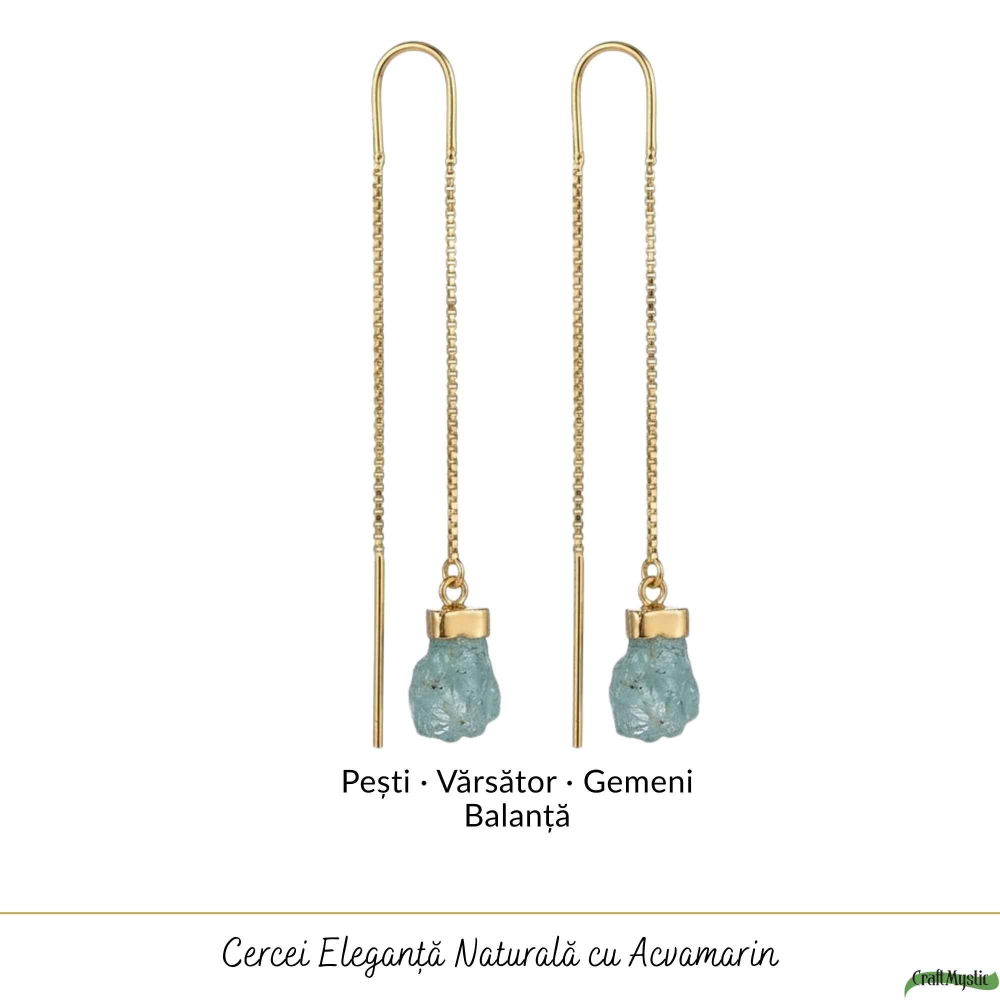 Cercei Argint 925 Placat cu Aur 18K cu Acvamarin Brut si Lant – Calm si Eleganta Naturala [5]