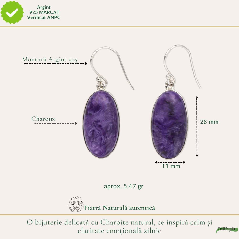 Cercei Argint 925 cu Charoite Natural Oval – Eleganta, Intuitie si Mister [4]