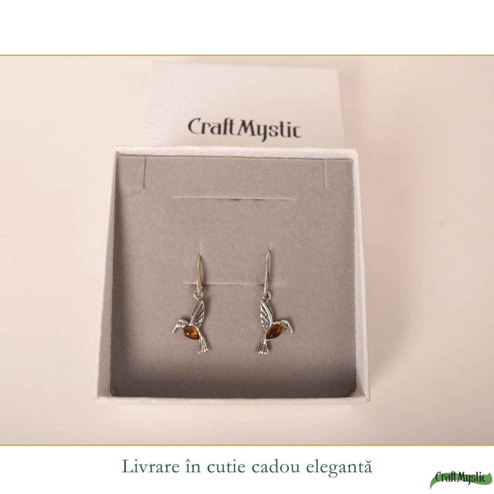 Cercei Argint 925 Pasarea Colibri cu Chihlimbar Rosu – Energie, Bucurie si Eleganta Naturală [6]