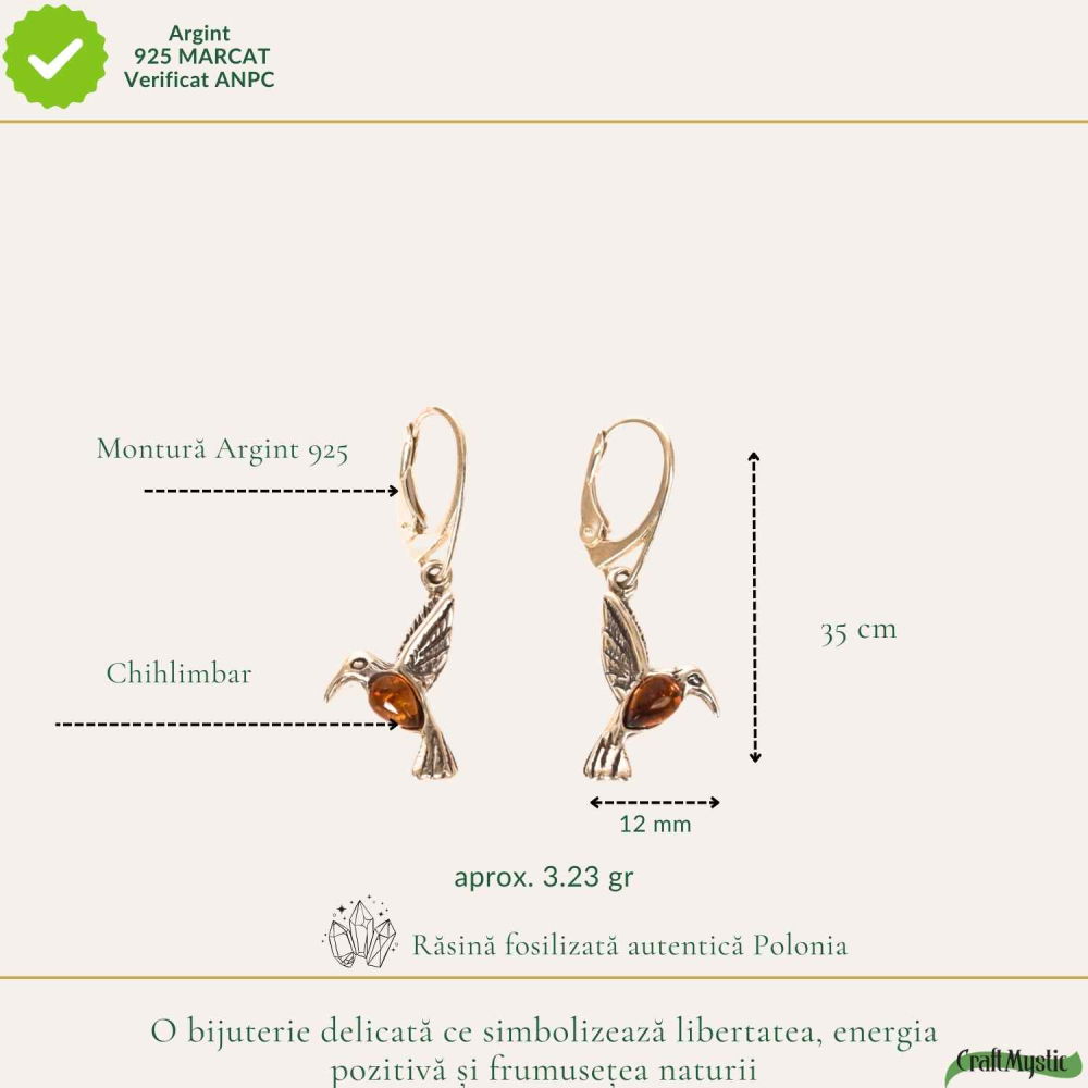 Cercei Argint 925 Pasarea Colibri cu Chihlimbar Rosu – Energie, Bucurie si Eleganta Naturală [4]