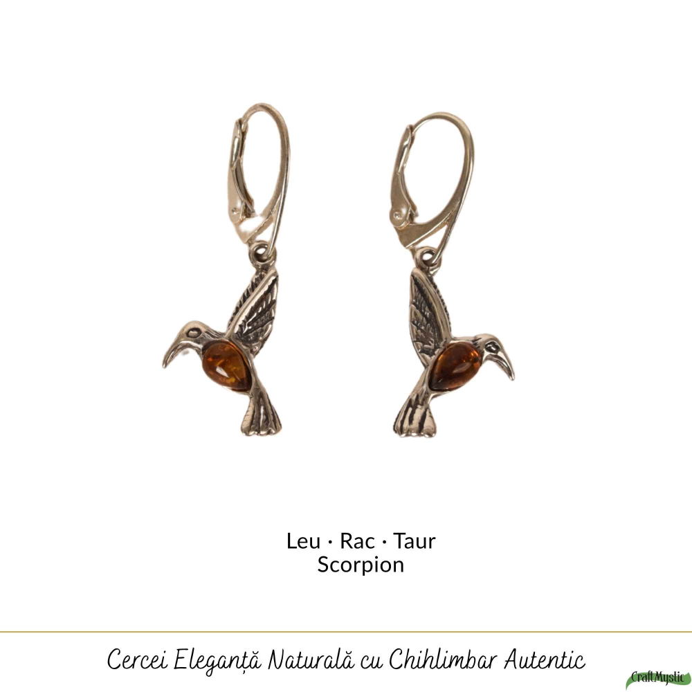 Cercei Argint 925 Pasarea Colibri cu Chihlimbar Rosu – Energie, Bucurie si Eleganta Naturală [5]