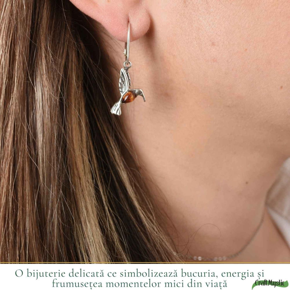 Cercei Argint 925 Pasarea Colibri cu Chihlimbar Rosu – Energie, Bucurie si Eleganta Naturală [2]