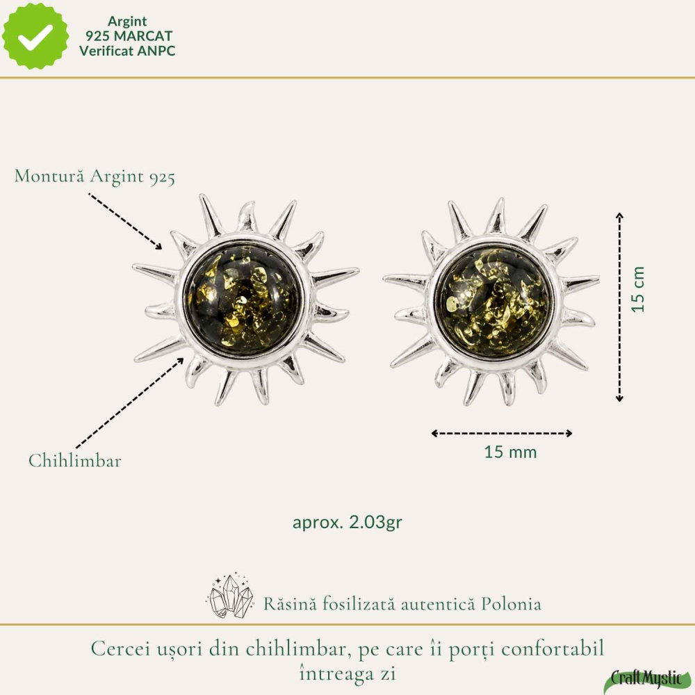 Cercei Argint 925 cu Chihlimbar Verde Soare – Energie si Armonie Naturala [4]