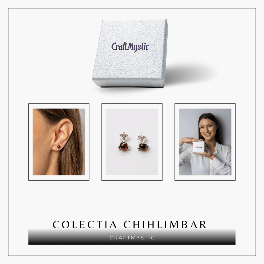 Cercei Argint 925 cu Chihlimbar rosu inchis Natural Rotund – Energie Solara, Delicatețe si Protectie [7]