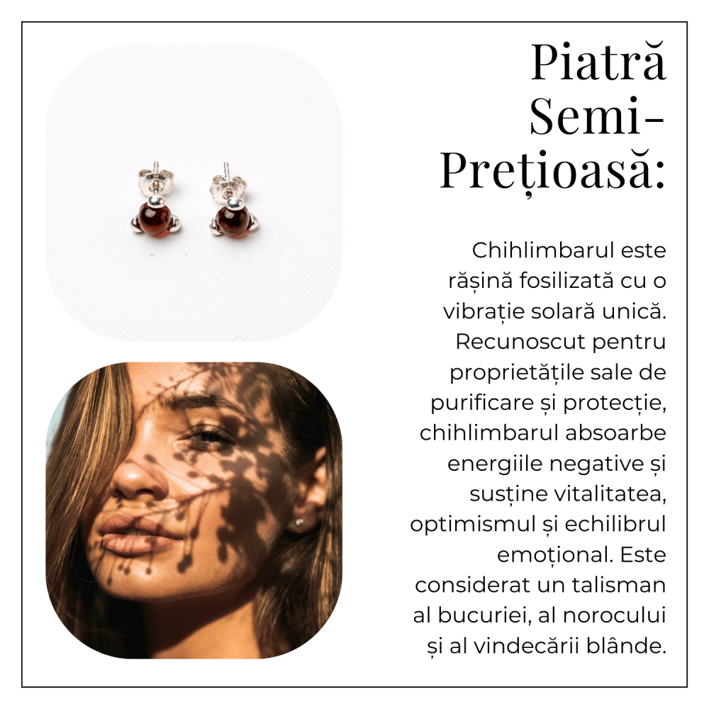 Cercei Argint 925 cu Chihlimbar rosu inchis Natural Rotund – Energie Solara, Delicatețe si Protectie [6]