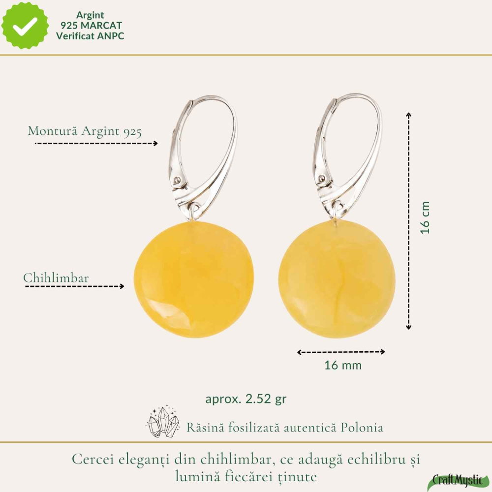 Cercei Argint 925 cu Chihlimbar Galben Rotund – Energie Pozitiva si Eleganta Calda [4]