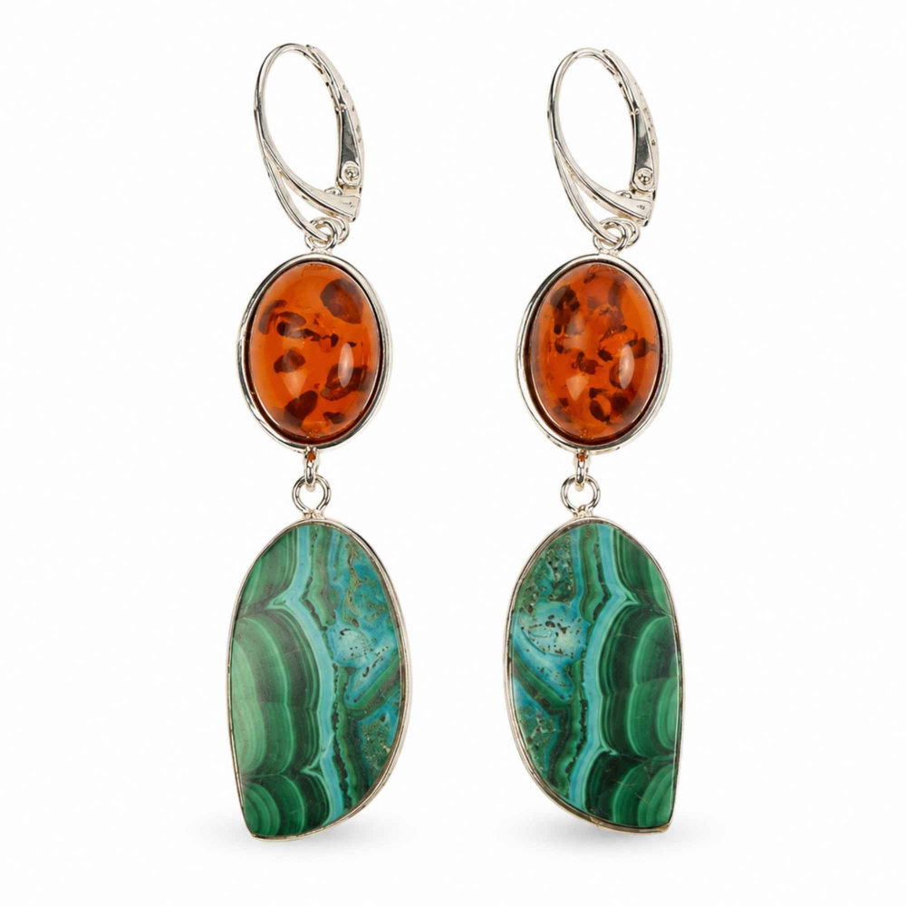 Cercei Argint 925 cu Chihlimbar si Malachit cu Crisocola – Echilibru si Eleganta [1]