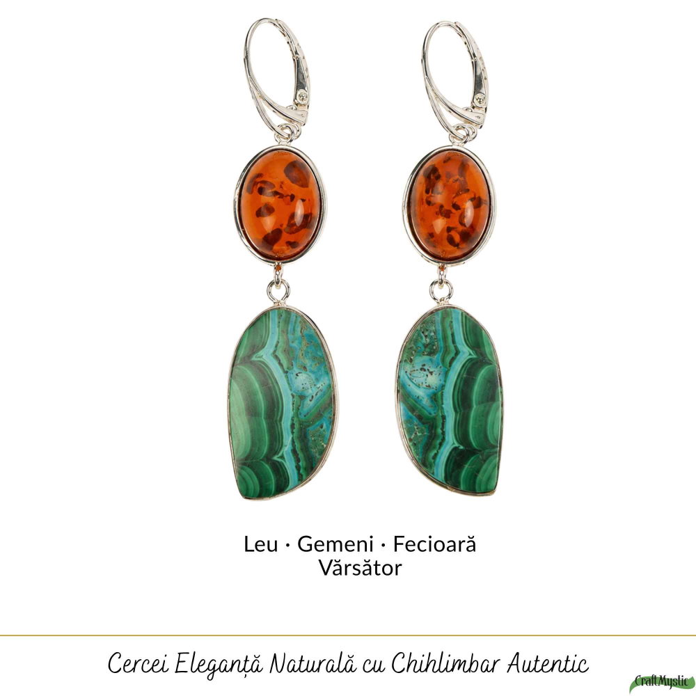 Cercei Argint 925 cu Chihlimbar si Malachit cu Crisocola – Echilibru si Eleganta [5]