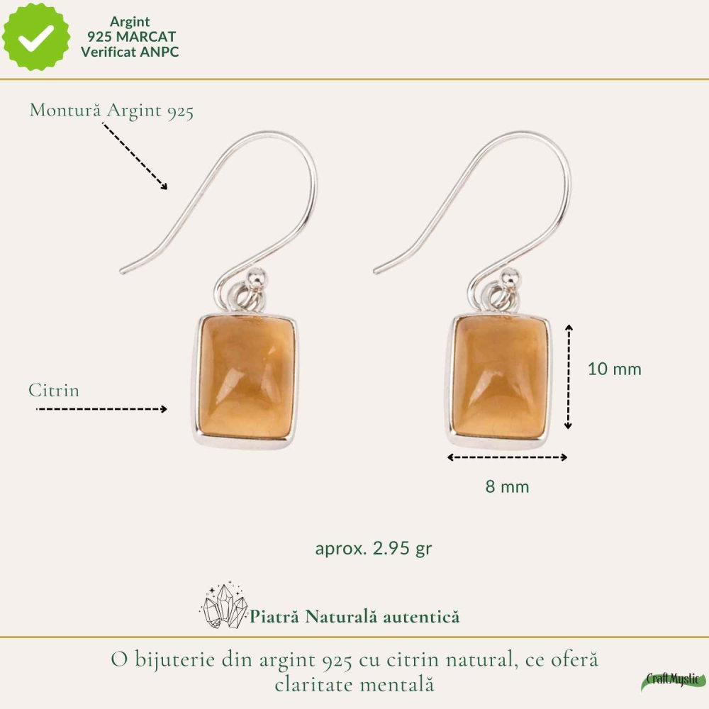 Cercei Argint 925 cu Citrin Dreptunghiular – Energie Pozitiva si incredere [4]