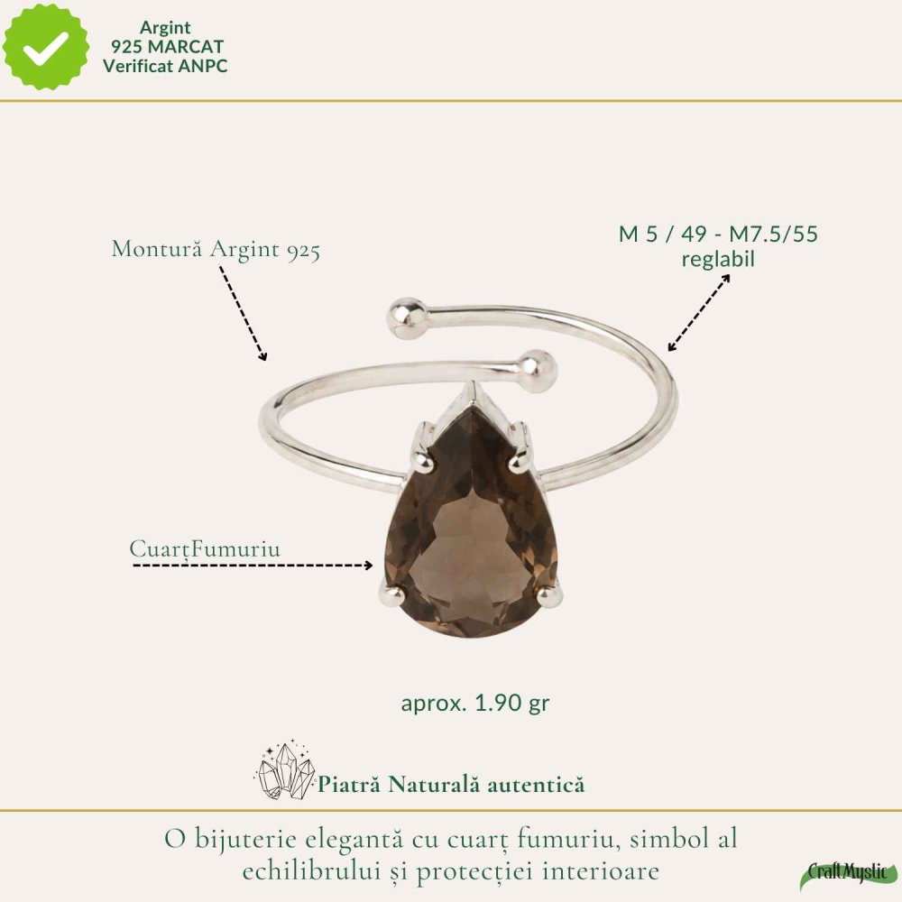 Inel Argint 925 cu Cuart Fumuriu Fatetat Lacrima – Echilibru si Claritate [4]