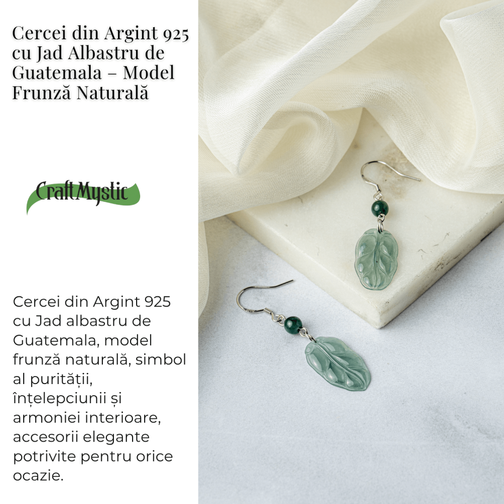 Cercei Argint 925 cu Jad Albastru Guatemala – Model Frunza Naturala pentru Puritate si Armonie Interioara [3]