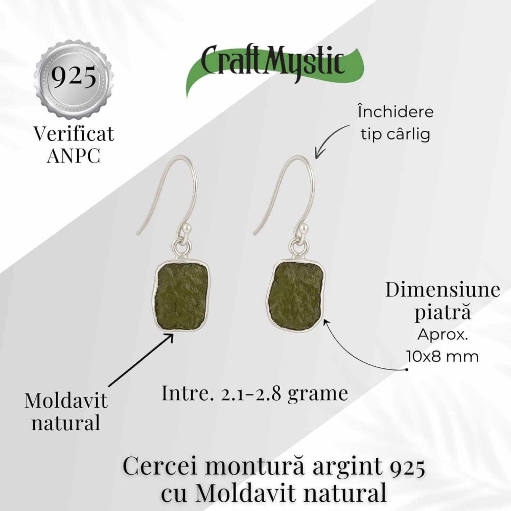 Cercei argint 925 cu Moldavit natural neuniform 2.1-2.8 grame - Transformare interioara si conexiune spirituala [2]