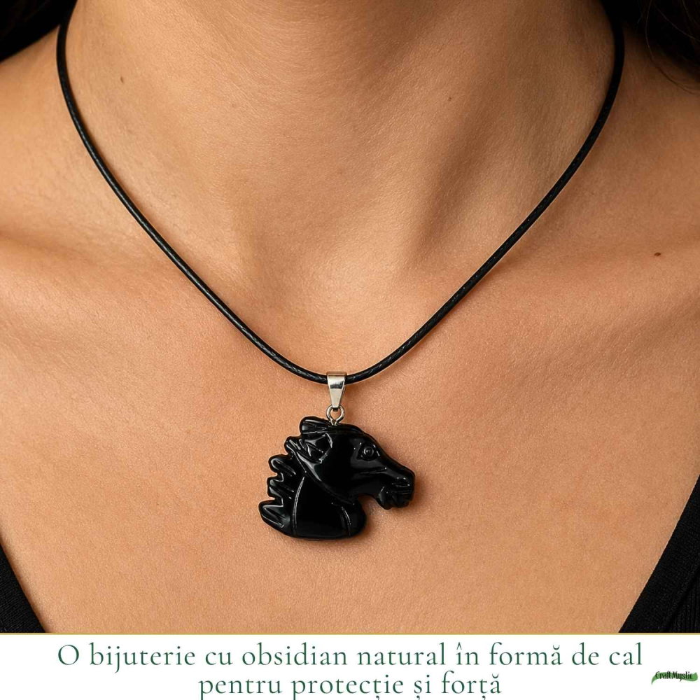 Colier cu Obsidian Natural in Forma de Cal – Protectie, Forta si incredere [2]