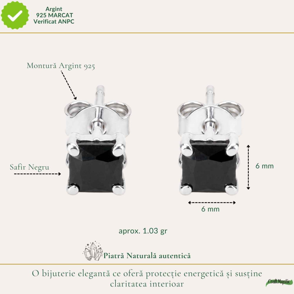 Cercei Argint 925 cu Safir Negru Patrat – Protectie si Claritate Interioara [4]