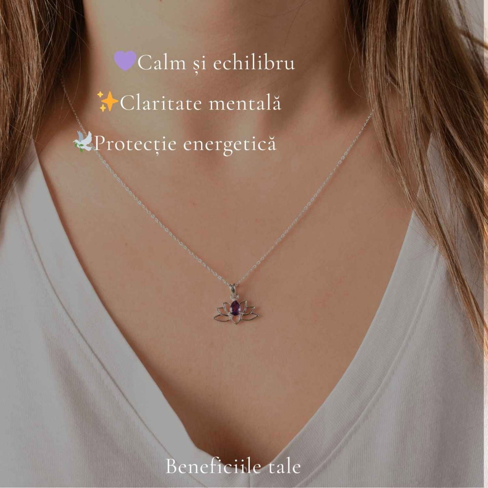 Colier Argint 925 Floare de Lotus cu Ametist Natural – Calm si Echilibru Interior [3]