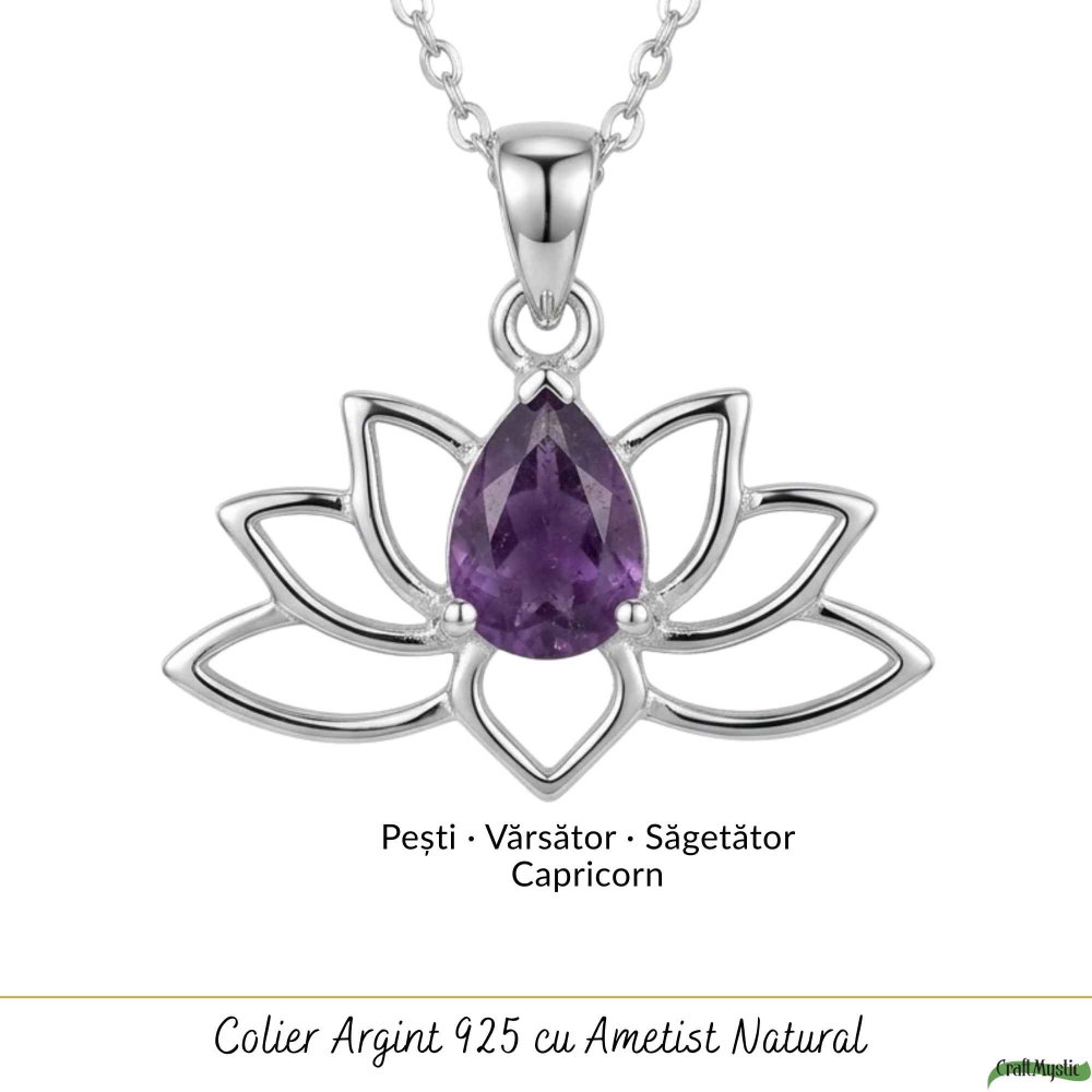 Colier Argint 925 Floare de Lotus cu Ametist Natural – Calm si Echilibru Interior [5]