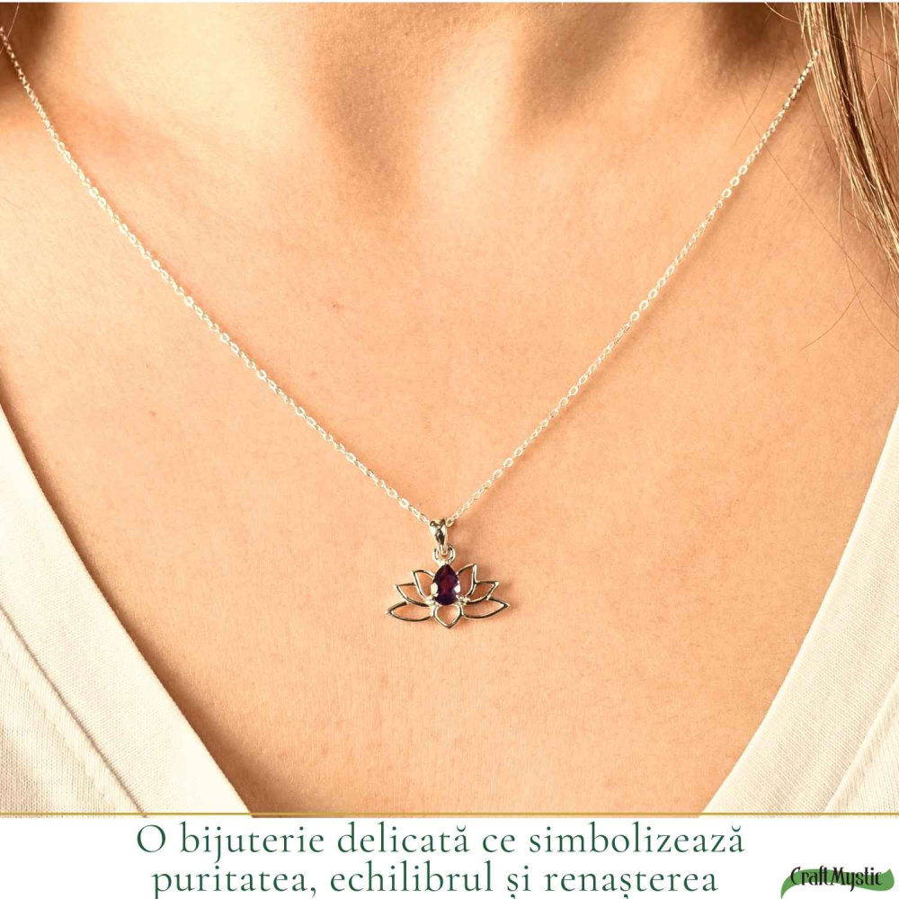 Colier Argint 925 Floare de Lotus cu Ametist Natural – Calm si Echilibru Interior [2]