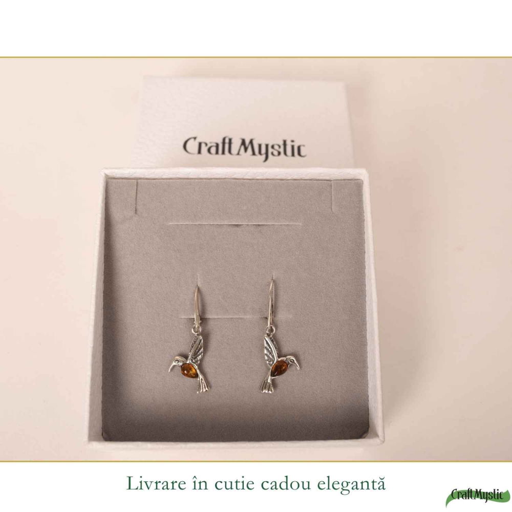 Cercei Argint 925 Pasarea Colibri cu Chihlimbar Rosu – Energie, Bucurie si Eleganta Naturală [6]